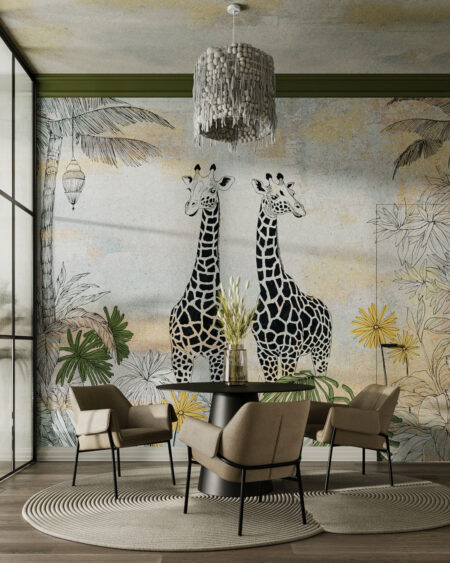 Фотошпалери для кухні з графічними жирафами у джунглях