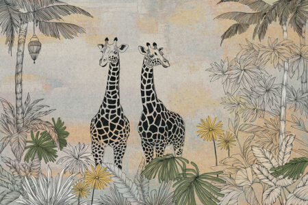 Фотошпалери з графічними жирафами у джунглях на текстурному тлі